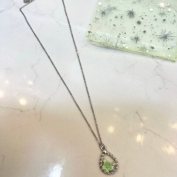 Green Flower Delicate Tear Drop Silver Necklace - 19" Chain - Picture 2 of 4